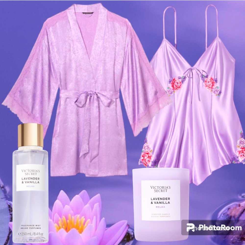 VICTORIA'S SECRET XL LILAC LUXE SATIN ROBE & LILAC EMBROIDERY Satin Romper